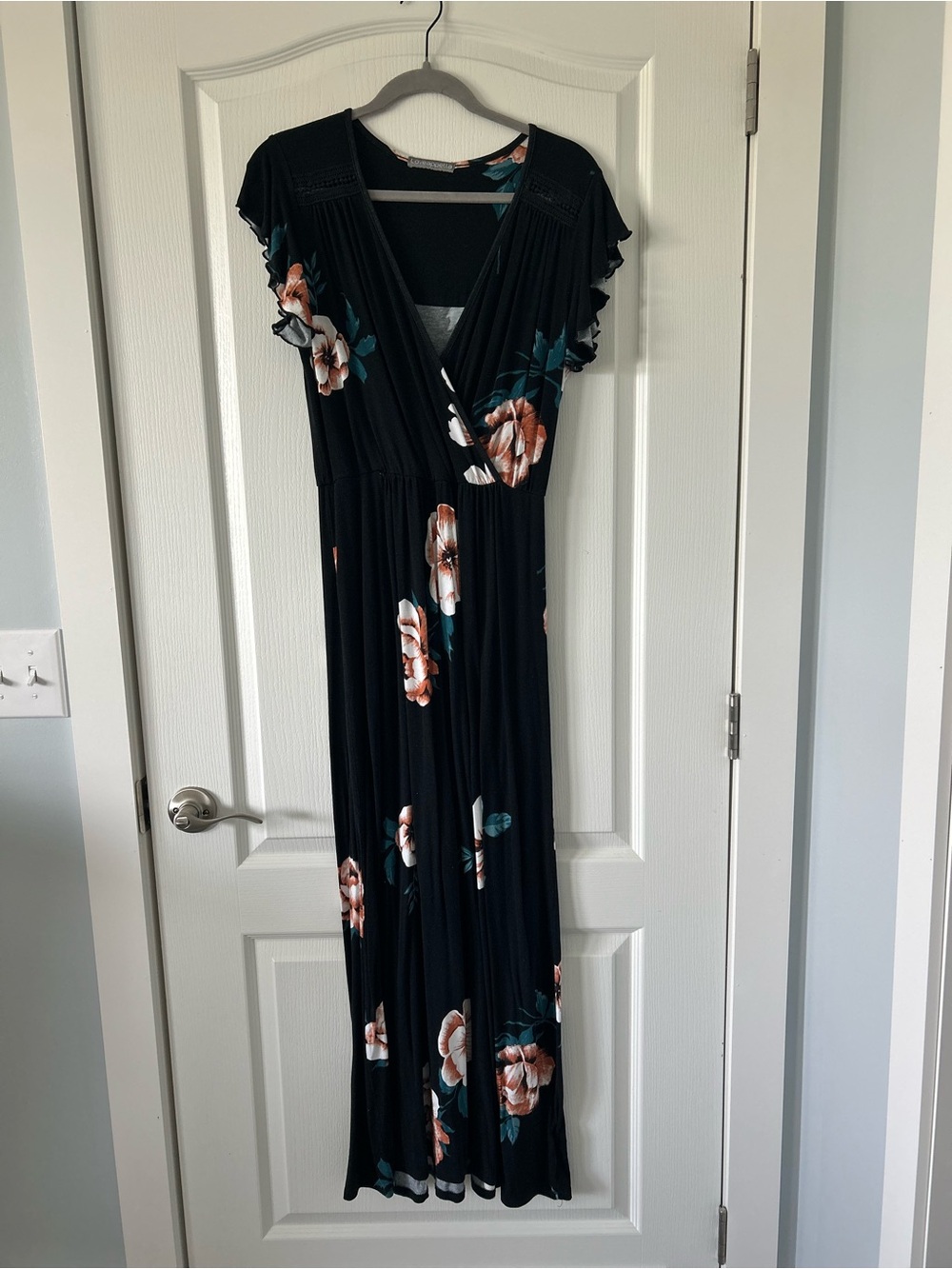 Loveappella Black Maxi Dress with Peach Floral Accents